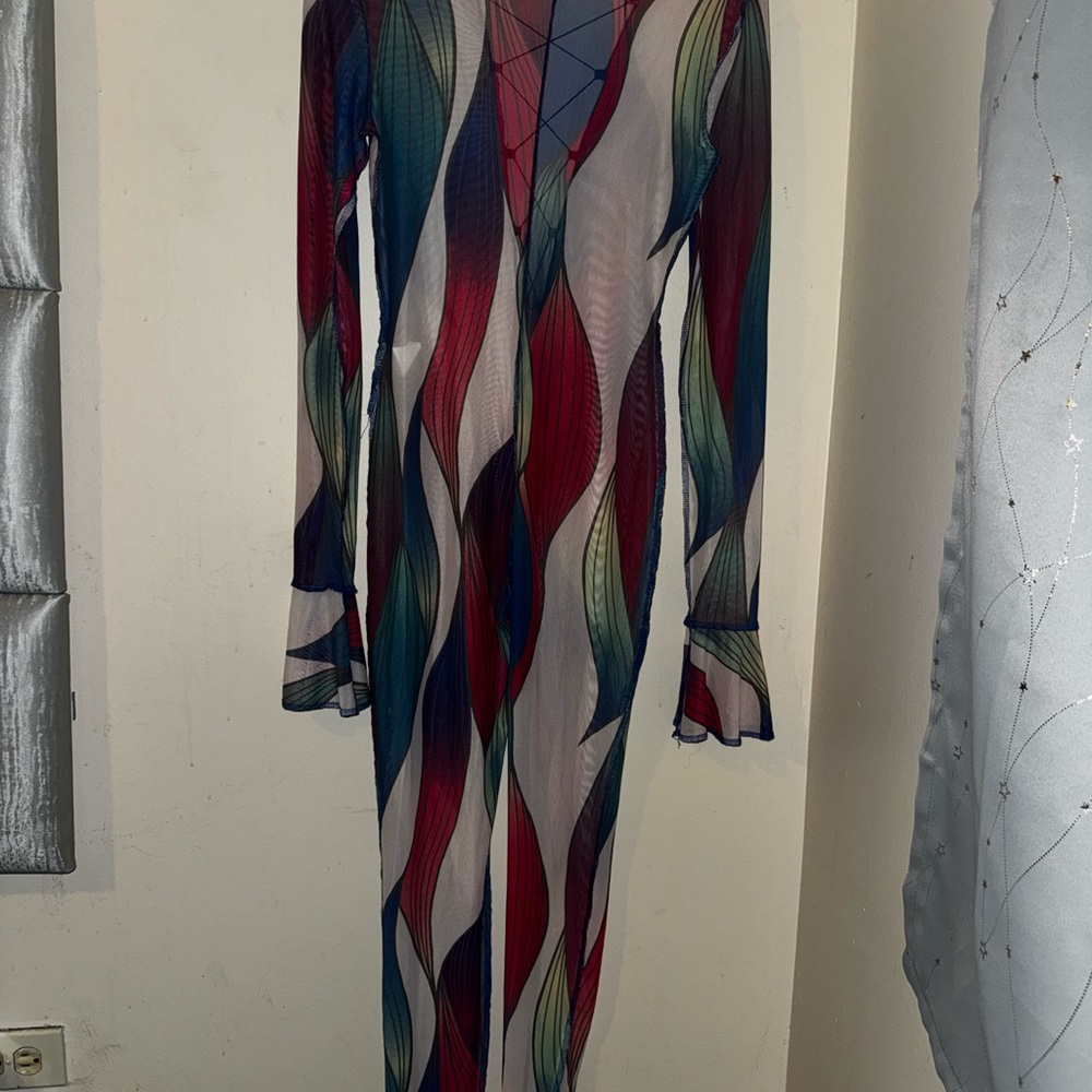 FASHION NOVA Vibrant Multicolor Mesh Jumpsuit | Criss Cross Tie Front | Size M - Picture 5 of 6